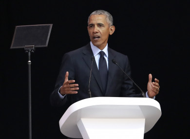 Former US President Barack Obama delivers his speech at the 16th Annual Nelson Mandela Lecture at the Wanderers Stadium in Johannesburg, South Africa