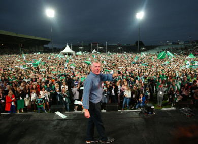 John Kiely celebrates with Limerick supporters at the Gaelic Grounds last night.