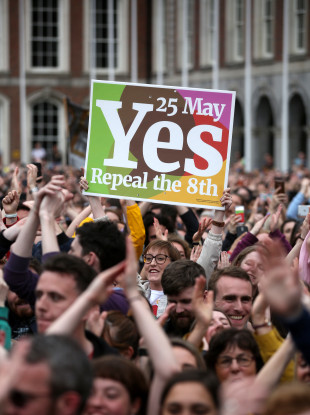 Yes campaigners with their posters celebrating their win in Dublin Castle in May.