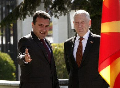 Macedonian Prime Minister Zoran Zaev welcomes US Defense Secretary James Mattis to Skopje.