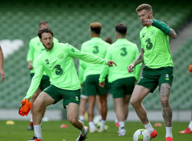 Harry Arter and James McClean pictured training at the Aviva Stadium today.