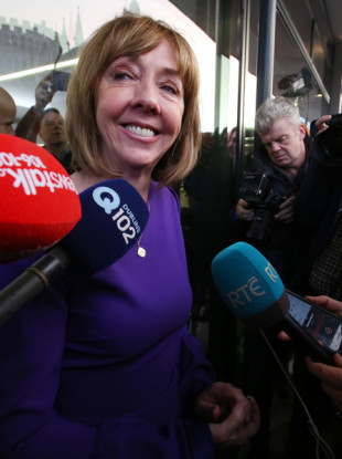 Presidential Candidate Joan Freeman speaking to the media at the Presidential election centre at Dublin Castle.