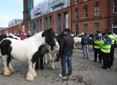 Gardai at the scene where two men were injured during a shooting attack at the Smithfield Horse Fair in Dublin.
