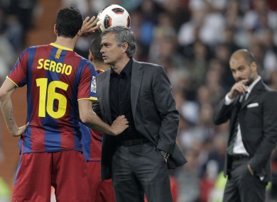Jose Mourinho has words with Sergio Busquets during the first leg last week.