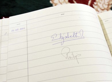 The signatures of Queen Elizabeth and the Duke of Edinburgh in the Visitors' Book at Áras an Úachtaráin, as the two began a four-day visit to Ireland today.