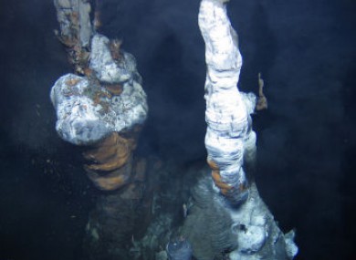 First time ever seen by human eyes, the Moytirra vent field. Picture shows chimneys of metal sulphides (black and rust coloured) formed at 3,030 metres below sea level.