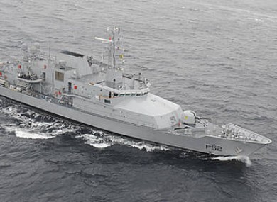 The Irish Naval Service's boat the LE Niamh, which is escorting a detained Spanish boat back to the shore.
