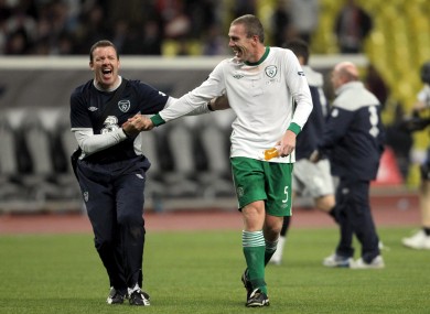 Alan Kelly and Richard Dunne share a joke after the draw against Russia.