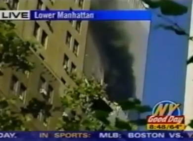 A screen grab from WNYW, a local Fox affiliate channel, which was the first TV station to report news of the attack on the WTC's North Tower.