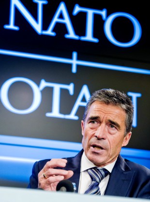 NATO Secretary General Anders Fogh Rasmussen speaks during the monthly NATO media briefing in Brussels yesterday