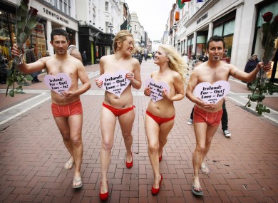 Animal rights activists from PETA and ARAN march down Grafton St today on the eve of Valentines Day to highlight their call to the Minister for Agriculture to ban fur farms in the impending Animal Welfare Bill.