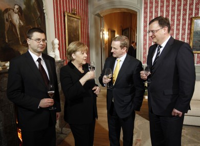 Taoiseach Enda Kenny, centre, with German Chancellor Angela Merkel, and Latvian Prime Minister Valdis Dombrovskis (left) and PM of the Czech Republic Petr Necas (right) meeting in Berlin last Thursday.