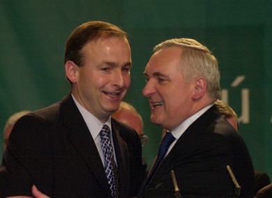Bertie Ahern embraces Micheal Martin after the former's speech at the Fianna Fáil Árd Fheis in 2003.