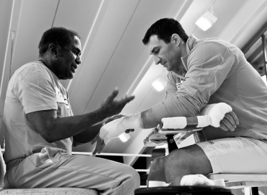 Ukraine's Wladimir Klitschko with trainer Emanuel Steward during a training session.