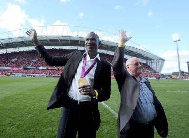 Brother Colm O'Connell and David Rudisha, world-record holder and winner of the 800m Gold medal at the London 2012 Olympics at Thomond Park yesterday.