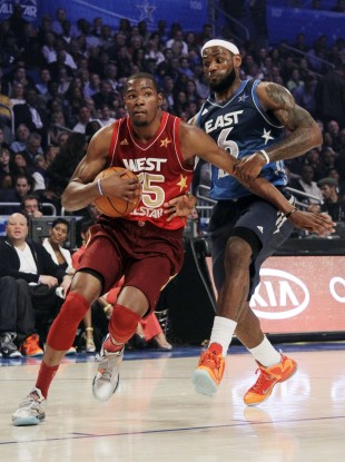 Kevin Durant and LeBron James compete in the 2012 All-Star game.