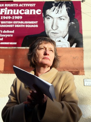 Geraldine Finucane, the wife of Pat Finucane, at the unveiling of a mural in west Belfast on Sunday