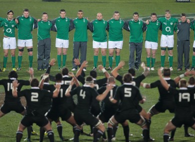 The Irish team face the haka.