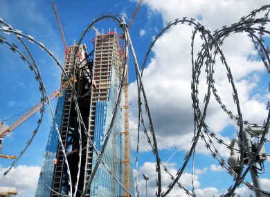 The site of the ECB's future new headquarters in Frankfurt, seen guarded by barbed wire.