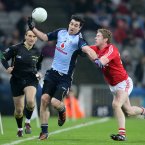 Dublin's Michael Darragh MacAuley is tackled by Andrew O'Sullivan of Cork. Pic: INPHO/Cathal Noonan