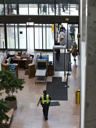 US Capitol Police order people to leave the lobby of the Senate Hart Office Building on Capitol Hill in Washington.