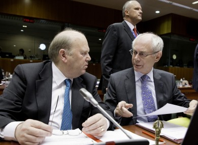 Michael Noonan talks with European Council president Herman van Rompuy at today's meetings of EU finance ministers in Brussels.
