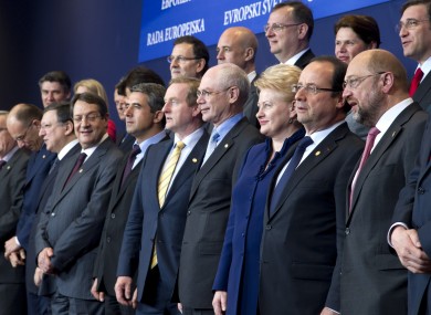 Enda Kenny and other EU leaders pose for a photo ahead of their European Council meeting in Brussels today.