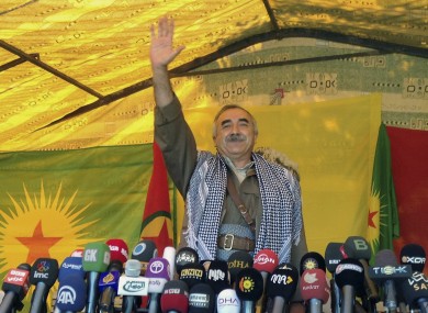 Kurdish rebel commander Murat Karayilan addresses the media in Qandil Mountains in northern Iraq in April.