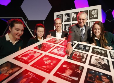 John Monahan, first ever winner of the BT Young Scientist and Technology Exhibition in 1964 (right); Colm O'Neill, CEO of BT Ireland; students (L to R) Sophie Ni Leathobhair (15), Fiona Nic Gemhna (15) and Sinead Daltuin (15).