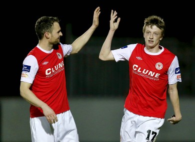 Chris Forrester celebrates his goal with Conan Byrne.