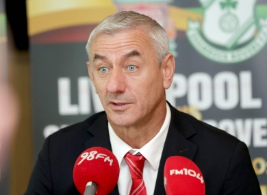 Rush talking to the media at an event promoting Liverpool's match against Shamrock Rovers in Dublin on 14 May.