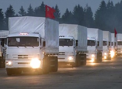 The convoy of white trucks with humanitarian aid leaves Alabino, outside Moscow.
