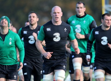 Paul O'Connell leads his side around the Carton House training pitch.