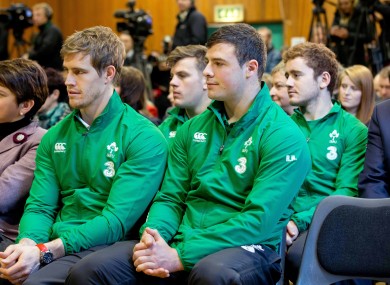 Ireland internationals Andrew Trimble, Jordi Murphy, Robbie Henshaw and Paddy Jackson at this morning's launch.
