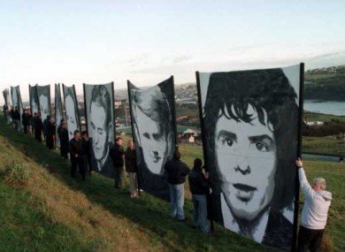 Pictures of the Bloody Sunday victims being carried into Derry city, 1997.