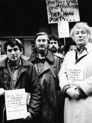 Poet Seamus Heaney (right) joins the strikers.