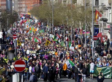 Thousands of protesters marching through Dublin City on April 18, 2015.