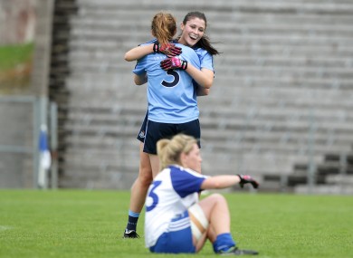 Muireann Ni Scanaill and Olwen Carey celebrate Dublin's quarter-final win over Monaghan.