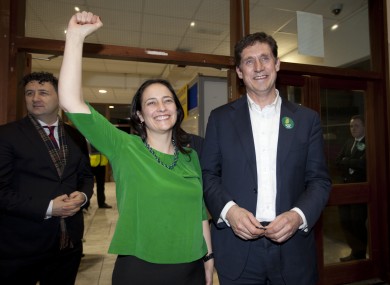 Eamon Ryan celebrating with Catherine Martin yesterday. The leader and deputy leader of the Greens are now in the 32nd Dail.