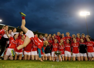Briege Corkery and her Cork team-mates celebrate their success.