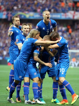 Iceland players celebrate their equaliser.