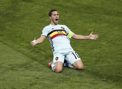 Hazard celebrates after scoring his side's third goal.