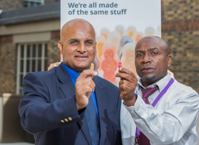 Shahbaz Rana (left) and Sammy Akorede of the Luas at the launch of the Immigrant Council's anti-racism campaign on public transport this weke.