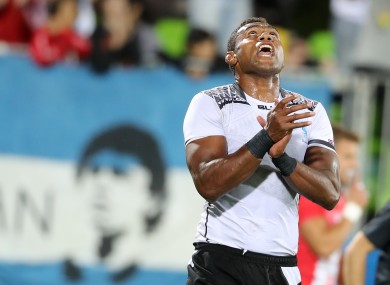 Fiji's Leone Nakarawa celebrates scoring his side's fourth try.