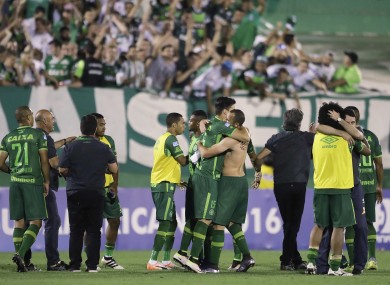 Chapecoense players celebrate after beating San Lorenzo in the Copa Sudamericana semi-finals.