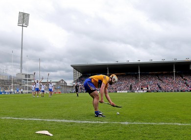 Tony Kelly takes a free for Clare against Waterford in this year's National Hurling League Division 1 final.