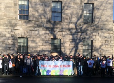 Apollo House supporters outside the Four Courts this morning
