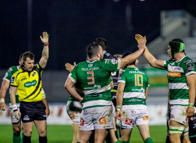 Treviso celebrate after Alberto Sgarbi's try.