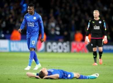 Leicester City's Daniel Amartey (left), Kasper Schmeichel (left) and Jamie Vardy after the second leg of the UEFA Champions League quarter final match at the King Power Stadium.