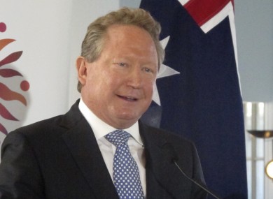 Iron ore mining magnate Andrew Forrest gives a speech at Australia's Parliament House in Canberra, Australia, earlier today.